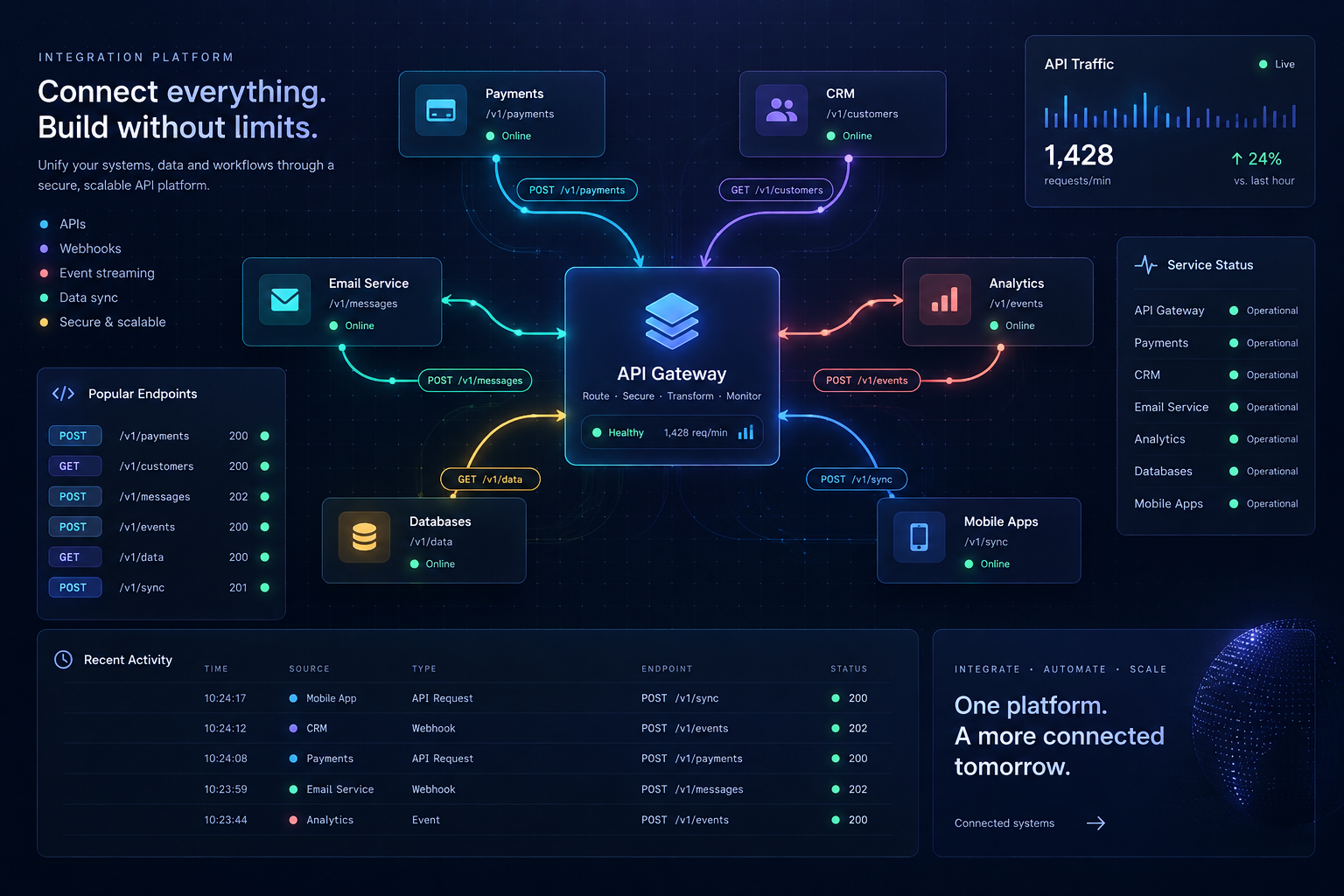 API & Integration Platform: illustrative interface for connected systems